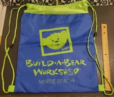 ONE Build A Bear Drawstring Backpack Kid's Tote Bag Blue Green Myrtle Beach GUC