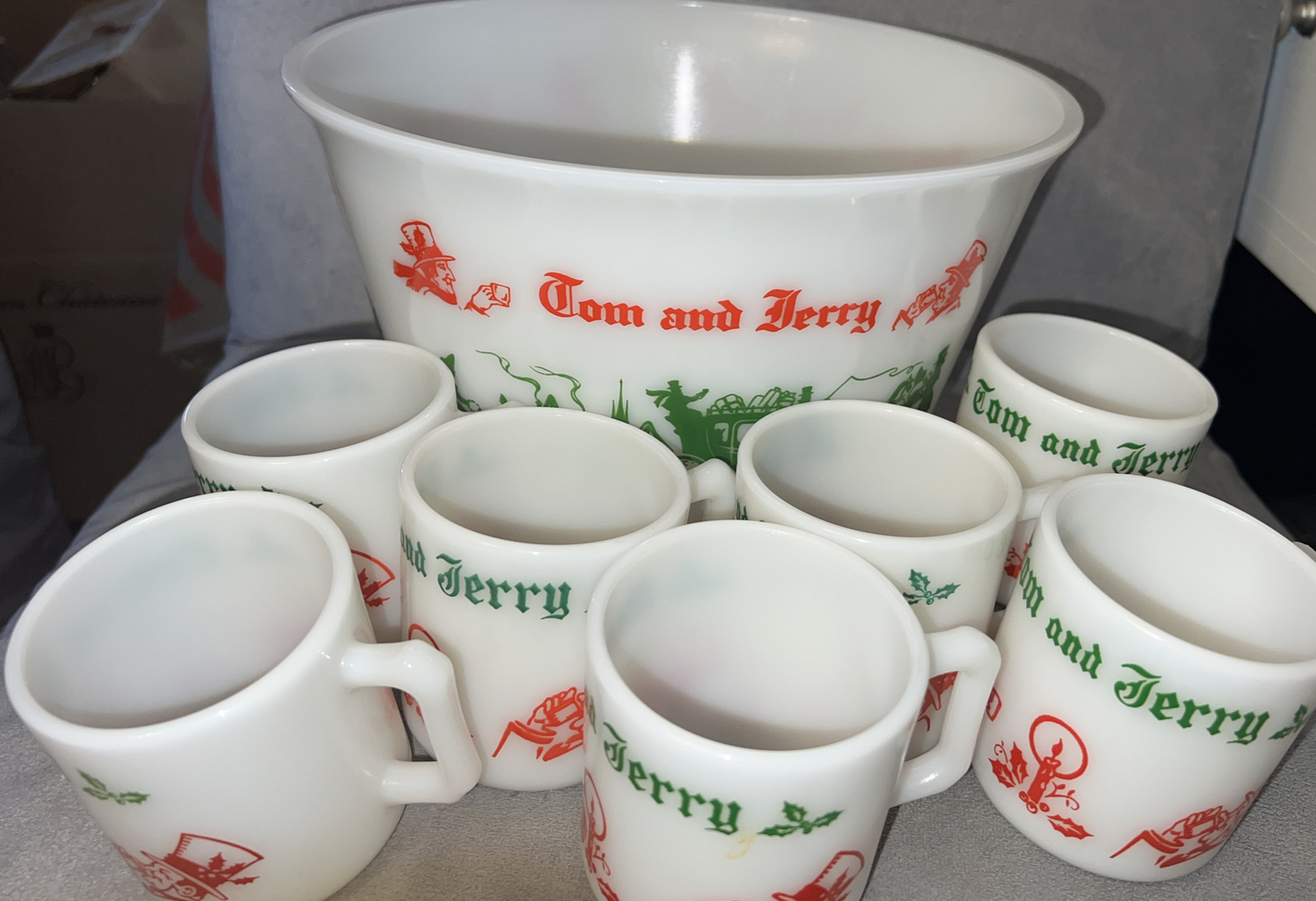 Vintage Hazel Atlas Tom and Jerry Punch Bowl Set with 7 Mugs Made in USA eBay