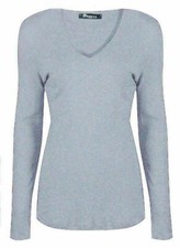 Women New V Neck T Shirt Plain Basic Long Sleeve Stretch Ladies Top 8-26