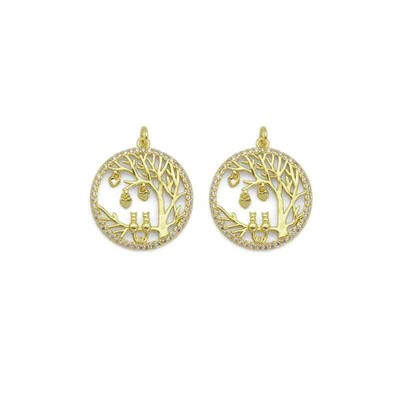Gold CZ Tree Kitty Heart On Round Circle Charm, Sku#LD422