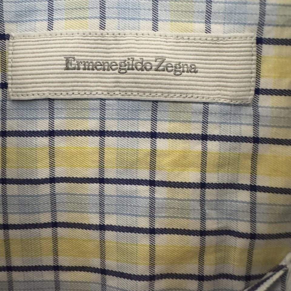 Camisa Ermenegildo Zegna Para Hombres L Azul Amarillo A Cuadros Botones Manga Larga Bolsillo Foto 2 de 4