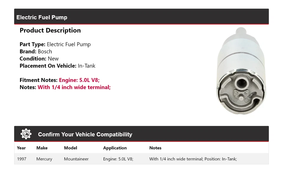 Bomba de combustible eléctrica Bosch 1997 Mercury Mountaineer 5,0 L V8 en tanque Foto 2 de 4