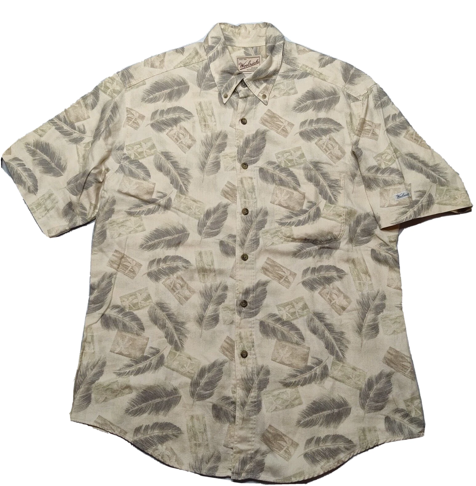 VTG Woolrich Men Large PALM TREE LEAVES AOP Cotton Short Sleeve Camp Shirt