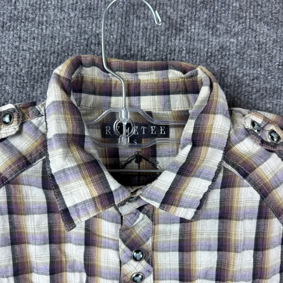 Camisa a Presión Remetee a Cuadros Perla Para Hombre Pequeña Marrón Bolsillos Cruz Manga Larga Foto 3 de 4