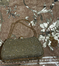 Women s Small Gold Rhinestone Metallic Clutch, Clasp, Chain Shoulder Strap