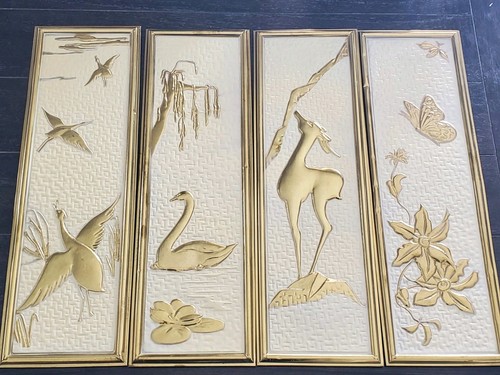 Wall Panel Pictures Swan Cranes Butterfly And Deer Gold & Cream Set Of 4 VTG