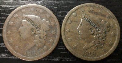 1838 Young Head VG & 1838 F/VF Coronet Head Large Cent. Great Pair! STC! C160