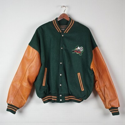 Vintage Disney Studio Edition Letterman Wool Leather Bomber Jacket Mens XL Green