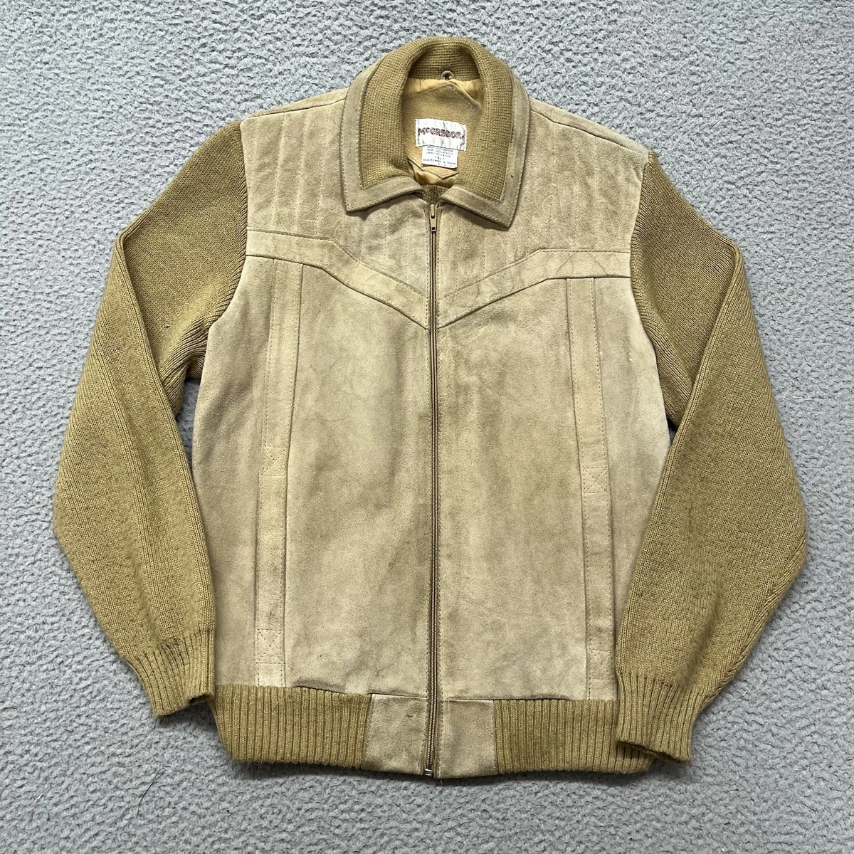 Vtg McGregor Leather Jacket Mens L Brown Knit Sleeves Full Zip