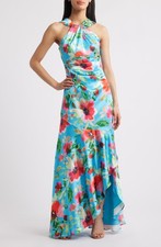 NEW ELIZA J Floral Print Twist Neck GOWN DRESS SIZE 2  $198 AQUA  NORDSTROM