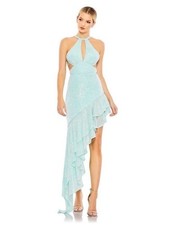 Mac Duggal  A11274 Aqua Sequined Halter Cut Out Ruffle Asymmetrical Dress Size 6