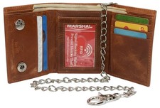RFID Blocking Men's Tri-fold Leather Biker Silver Chain Wallet With Snap Closure