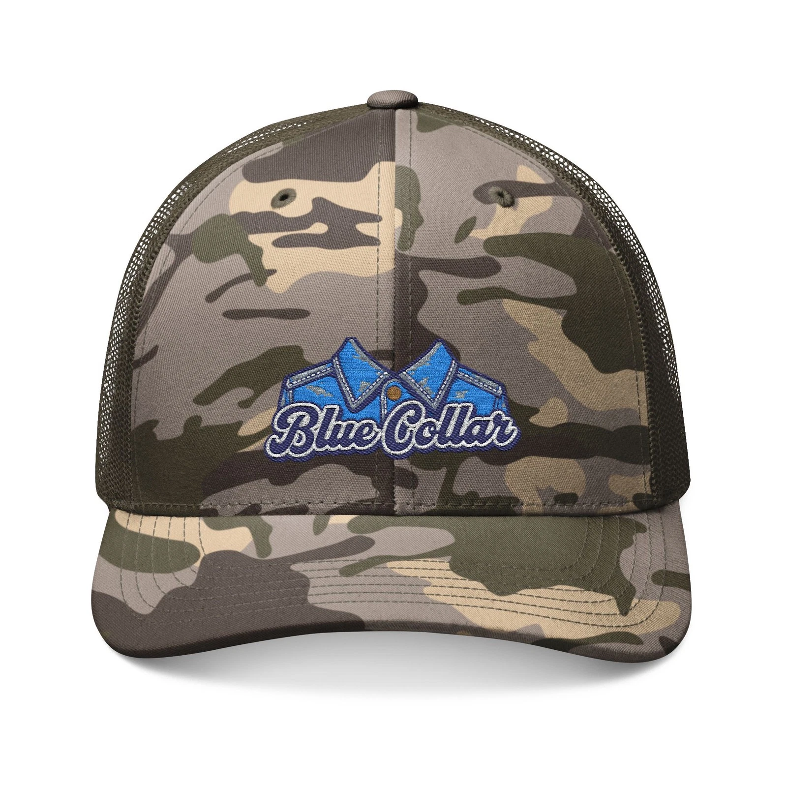 Camo Blue Collar Trucker Hat Embroidered Camo Snapback Hat Camo Workwear Cap
Opens in a new window o