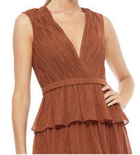 Ieena for Mac Duggal 49287 Brown V-Neck Sleeveless Ruffle Long Gown Lined size18