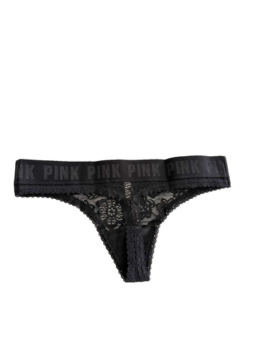 Culotte string dentelle fleurie logo rose Victoria's Secret noir - Photo 2/2