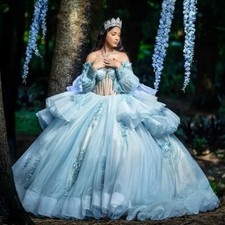 Sky Blue Quinceanera Dresses Glitter Flower Off Shoulder Lace Layering Sweet 16