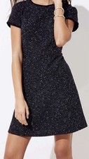 LOFT Women’s Black Short Sleeved Tweed Flare Dress Fringe Size 4 $89.50