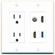 COAX 2 HD USB-3 Port Wall Plate w/Power Outlet White