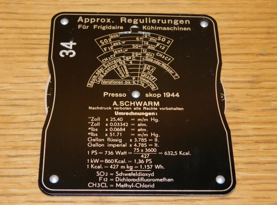 vintage PRESSO SKOP 1944 a.schwarm SUISSE PLAQUE de CALCULS du FROID FRIGIDAIRE - Photo 1/4