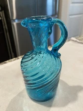 Vintage Hand Blown Art Glass Cruet Mini Pitcher Swirled Ribbed Peacock Blue 5"