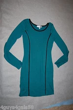Junior Womens L/S Dress TEAL Black Accents ABOVE KNEE LENGTH Form Fitting M 7-9