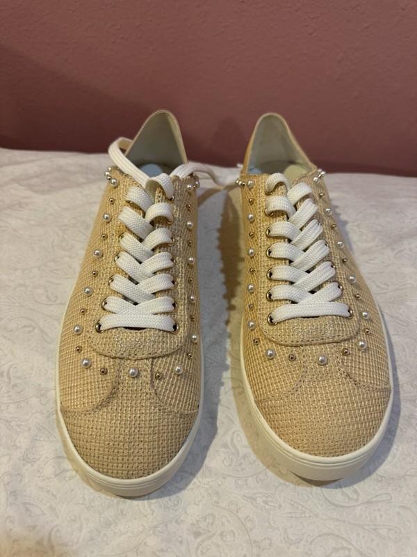 New Stuart Weitzman Natural Embellished Platform Sneaker Shoes Size 9M