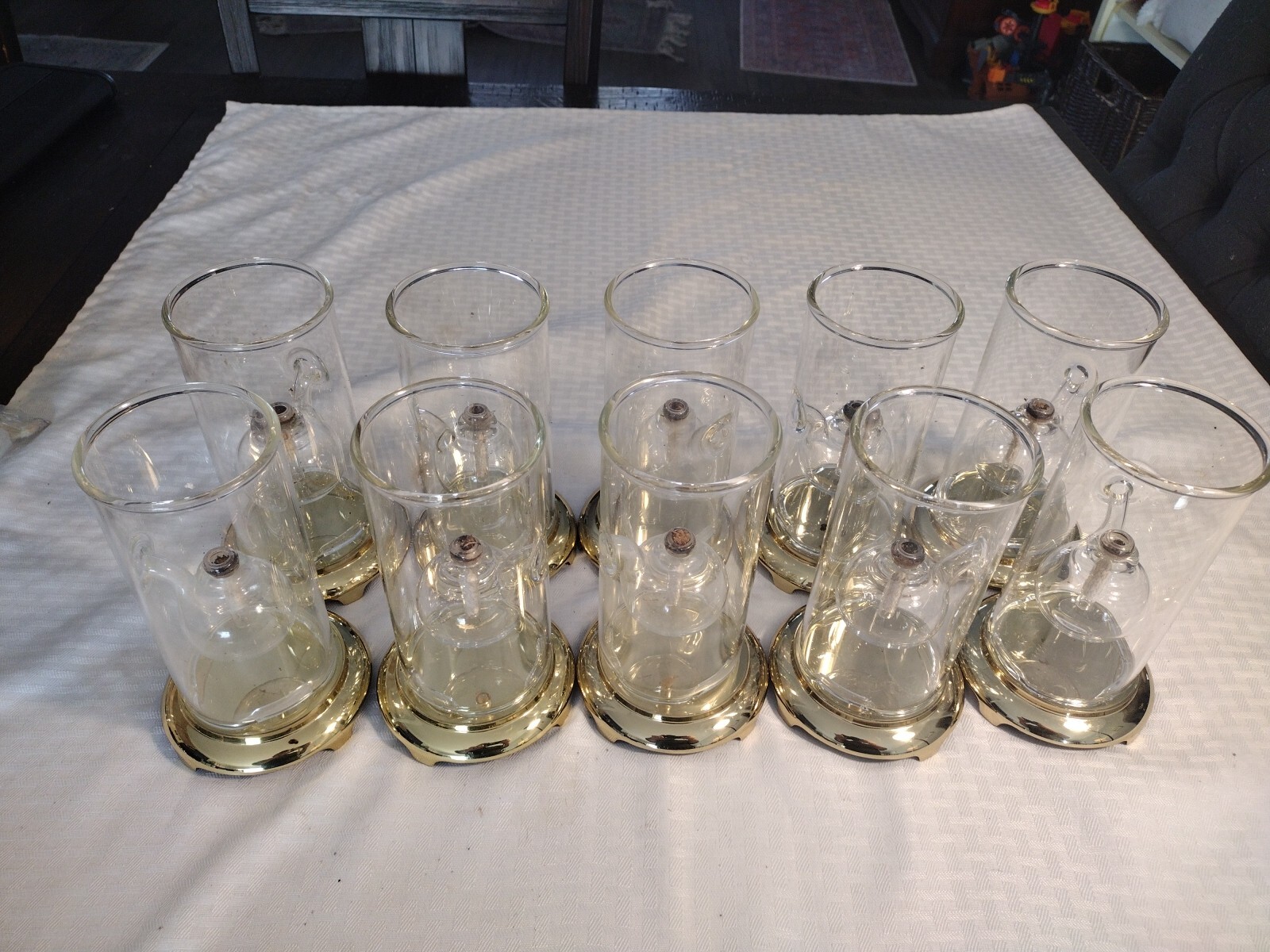 10 Wolfard Oil Hurricane Lamps Art Glass 6” Brass Base Handblown