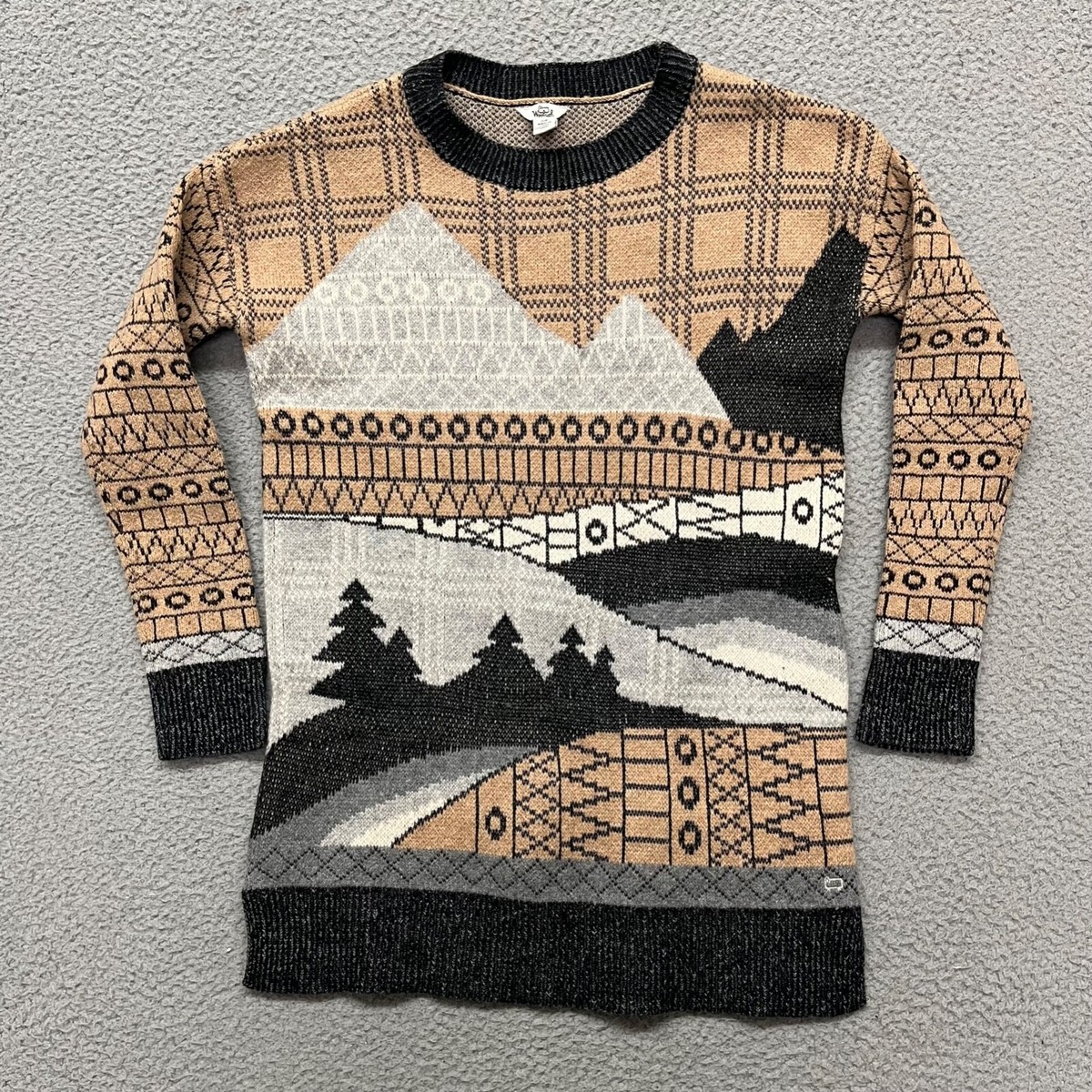 Woolrich Sweater Womens S Brown Lambswool Mountain Scape Country 