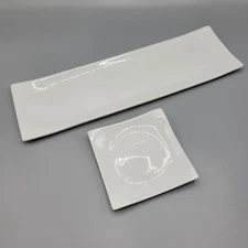 White Porcelain Crate & Barrel Fish Embossed Sushi & Appetizer Plate Set