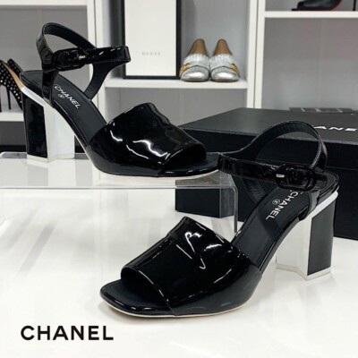 Chanel 23C Interlocking CC Logo Block Heel Sandals Size 39.5