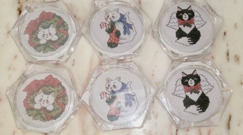 SET OF 6 ACRYLIC COASTERS MCG TEXTILES CROSS STITCH COASTERS Christmas Cat Angel