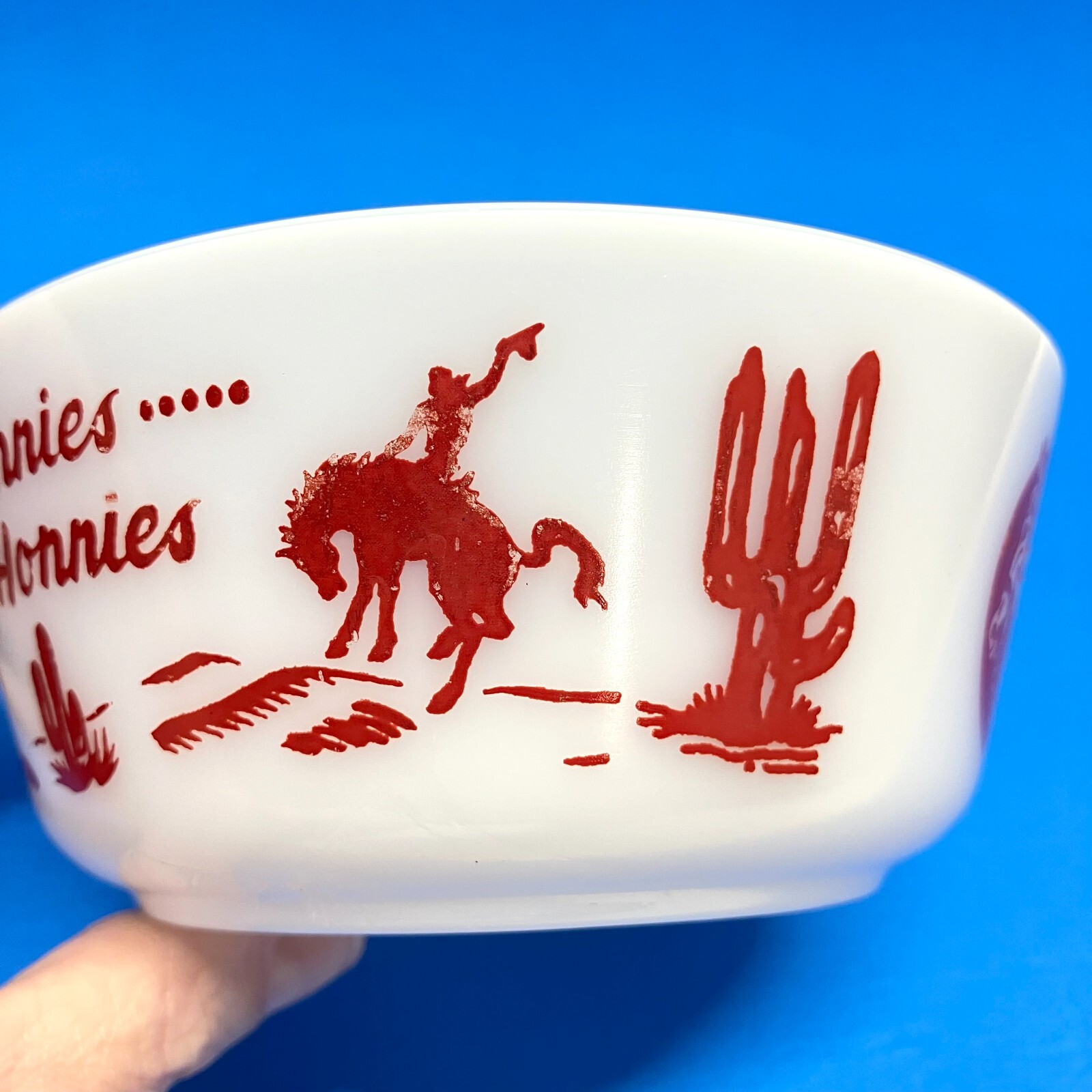 VTG 50s Ranger Joe Round Up 3PC Breakfast Set Hazel Atlas Milk Glass Mug & Bowls