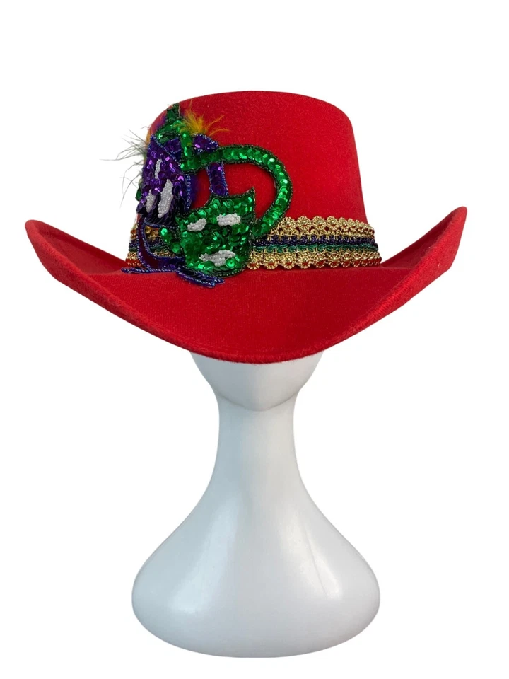 J.R. Palacios Red Felt Cowboy Hat With Sequin Mardi Gras Mask & Gold Trim - Image 2 of 4