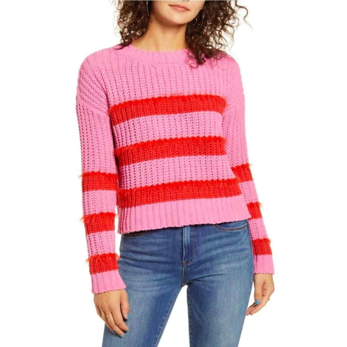 Love By Design Pink Striped Knit Chenille Pullover Sweater NWT Womens Size  Small