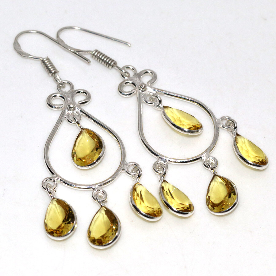 Citrine Faceted 925 Silver Plated Long Elegant Earrings 2.3 Inch Perfect Gift for Women Jewelry JW