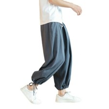 Chinese style Men's Wide Leg Straight Loose Pants Fit Elastic waist Trousers B