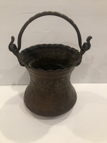 VINTAGE ANTIQUE COPPER BRASS PERSIAN POT BUCKET Swing Handle 7.5” Tall See Pics - Picture 9 of 12