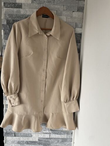 Women’s PRETTY LITTLE THING Button Jacket Dress Tunic Ruffle-Tan-Size 12 - Picture 1 of 6