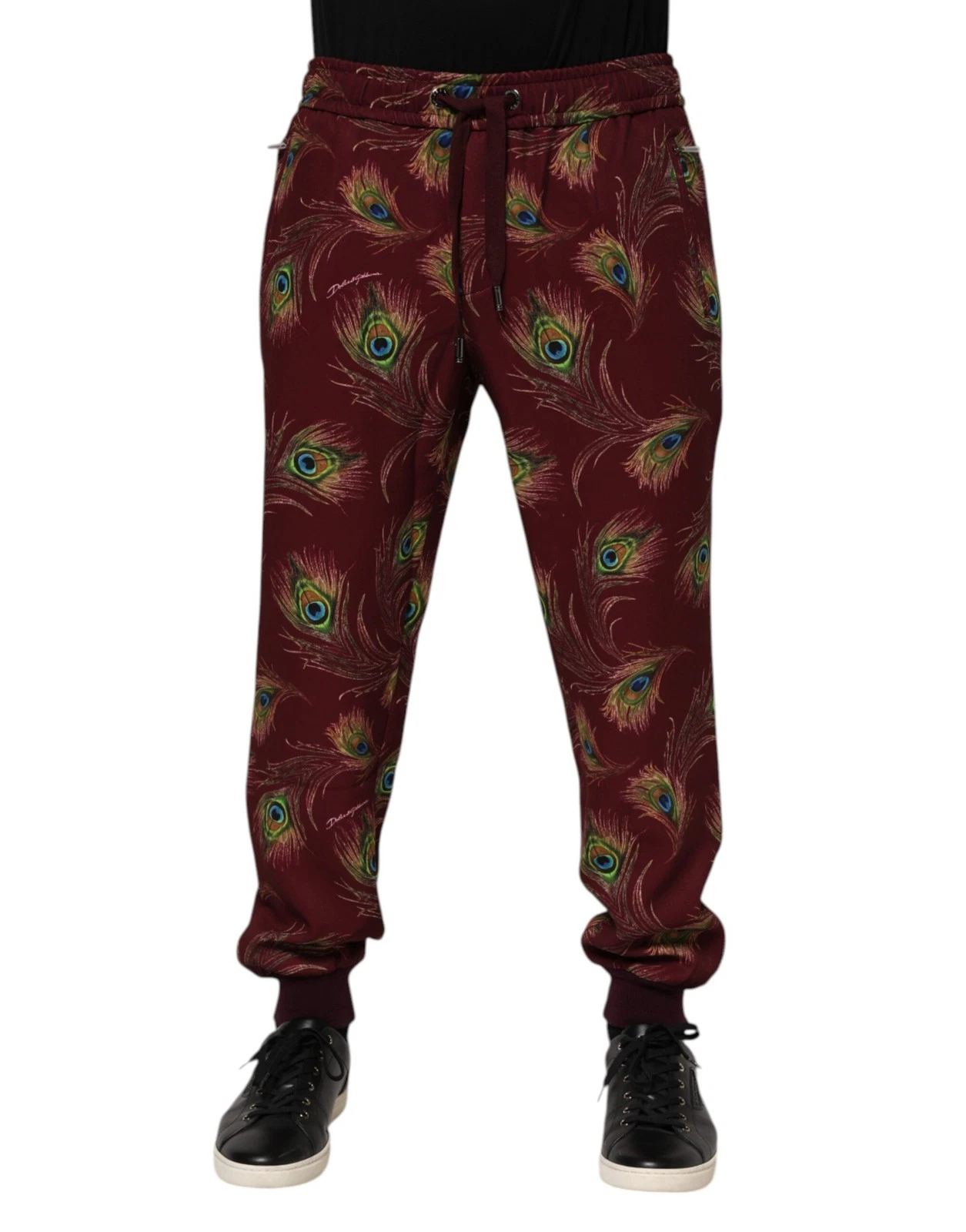 Dolce & Gabbana Burgundy Peacock Feather Print Jogger Men's Pants