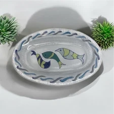 RARE BIG Glass Platter Hand Painted Fish Serving Dish 16” x 11” Frosted Art