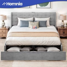 King Size Bed Frame with Upholstered Headboard Lift Up Storage Space & 2 Drawers