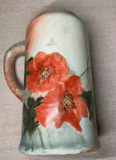 PL  Limoge of  France Tankard Mug/Stein Hand Painted Red Poppies 7” Tall