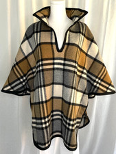 Vintage Plaid Poncho Cape - 2 Pockets - Brown Black Cream - Medium