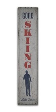 Skiing Vertical Rustic Distressed Sign, Personalized Wood Sign