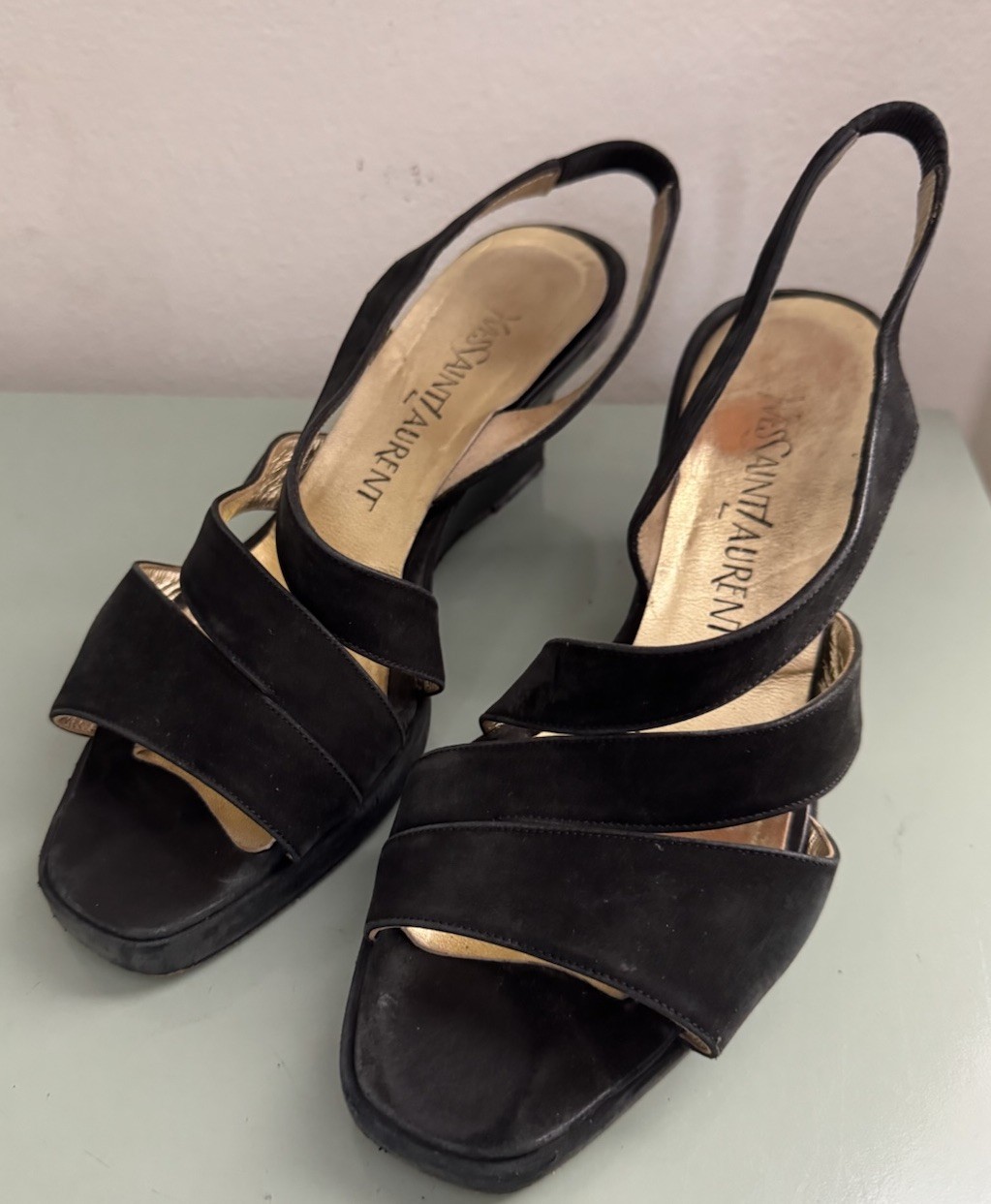 Sandali Yves Saint Laurent neri scamosciati zeppa tacco YSL vintage anni 90 Y2K taglia 6 M