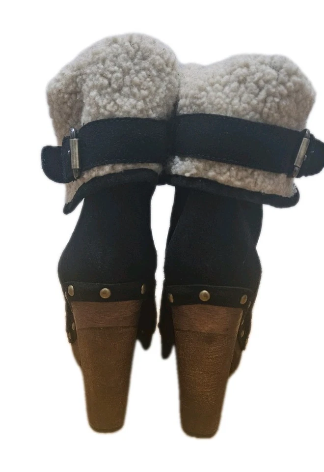 N.Y.L.A. Black Suede Shearling Cuff Lace Up Ankle Boots Women’s Chunky Heel - Image 4 of 4