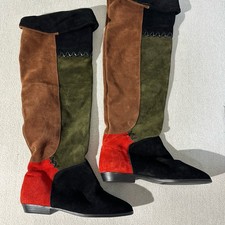 90s vintage women Knee High Suede Colorblock Boots Pointed Toe made in Spain 6.5