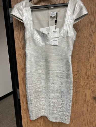 Herve Leger Paris Silver Solid V-Neck Mini Bandage Dress Short Sleeve M Zip