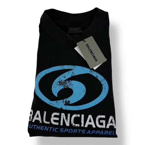 T shirt Balenciaga nera grafica cotone elastan abbigliamento sportivo autentico L nuova con etichetta