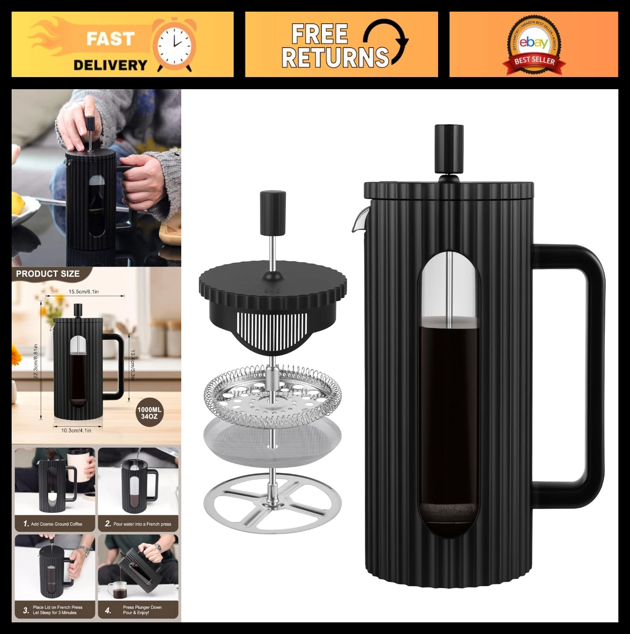 34oz French Press Coffee Maker - Heat Resistant Borosilicate Glass Carafe, Tea &